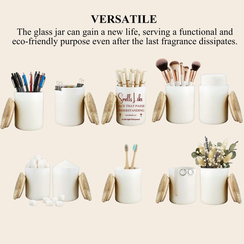 May include: A collection of white ceramic jars with wooden lids, each filled with different items like pens, makeup brushes, and flowers. The jars are arranged on a light beige surface, showcasing their versatility for storage and organization.