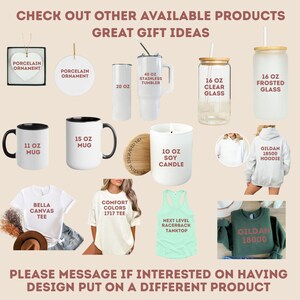 May include: A collection of gift ideas, including mugs, tumblers, candles, and apparel. The image displays a variety of products, such as a 40 oz stainless steel tumbler, 11 oz and 15 oz mugs, and a 10 oz soy candle. There are also t-shirts and a hoodie.