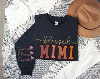 Blessed Mimi sweatshirt, custom Mimi sweatshirt, personalized Mimi sweatshirt, custom sleeve print sweaters, Mimi personalized gift, grandma