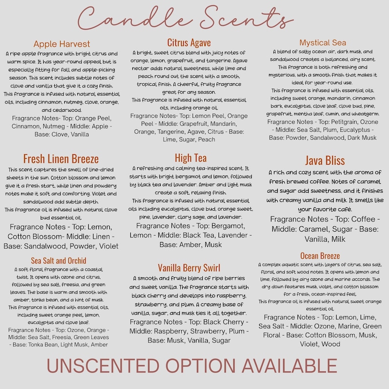 Op de afbeelding: Een productpresentatie met verschillende geurkaarsen en gedetailleerde geurnoten. Geuren zijn onder meer Apple Harvest, Citrus Agave, Fresh Linen Breeze, High Tea en meer. De tekst "Unscented Option Available" is ook aanwezig.