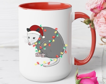 Opossum mug, christmas opossum mugs, possum mug, xmas possum mug, tangled light possum mug, 11 oz trashcore mug, 15oz two tone trashcore mug