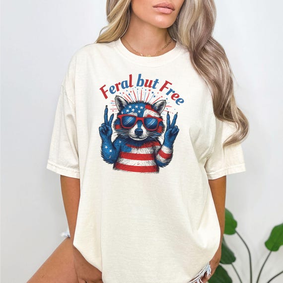 Comfort Color raccoon TShirt, patriotic raccoon tee, July 4th patriotic feral but free shirt, America tee, Independence day, July 4th tshirt
