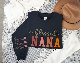 Blessed Nana sweatshirt, custom Nana sweatshirt, personalized Nana sweatshirt, custom sleeve print sweaters, Nana personalized gift, grandma