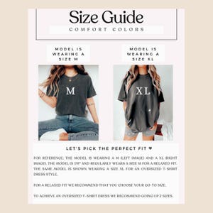 May include: Size guide for a t-shirt dress with two models wearing the same style shirt in different sizes. The model on the left is wearing a size M and the model on the right is wearing a size XL. The text reads "Let's pick the perfect fit" and provides sizing recommendations for a relaxed fit and an oversized fit.