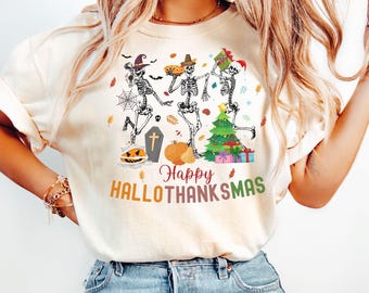 Hallothanksmas shirt, Skeleton Fall shirt, Halloween tshirt, Fall season shirt, thanksgiving, holiday season shirt, gift for her, Fall lover