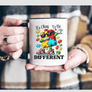 Retro Autism awareness mug autism gift okay to be different 15oz accent mug, Inspirational puzzle pieces gift, 11oz retro autism coffee mug