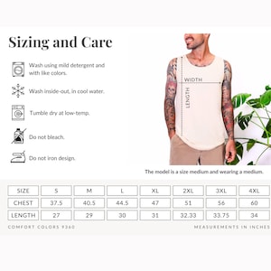 May include: Cream-colored tank top with sizing and care instructions. The tank top has a chest measurement of 95 cm for size small, up to 152 cm for size 4XL. The length ranges from 69 cm to 86 cm. The model is wearing a medium.