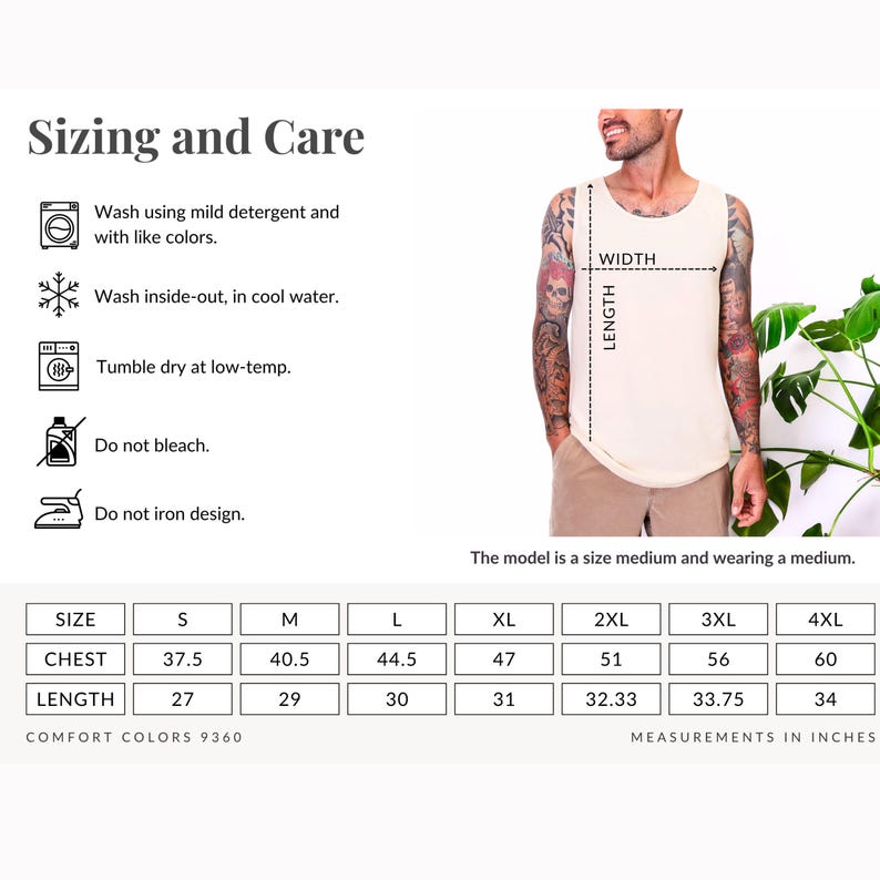 May include: Cream-colored tank top with sizing and care instructions. The tank top has a chest measurement of 95 cm for size small, up to 152 cm for size 4XL. The length ranges from 69 cm to 86 cm. The model is wearing a medium.