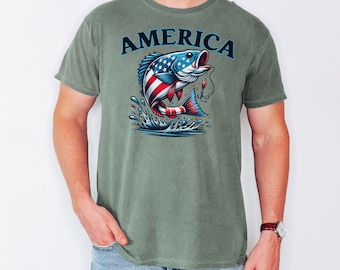America Patriotic Fishing T-Shirt, American Flag Bass Shirt, Unisex Summer Tee, Independence Day, Fishing Enthusiasts, mens shirt, Dad gift