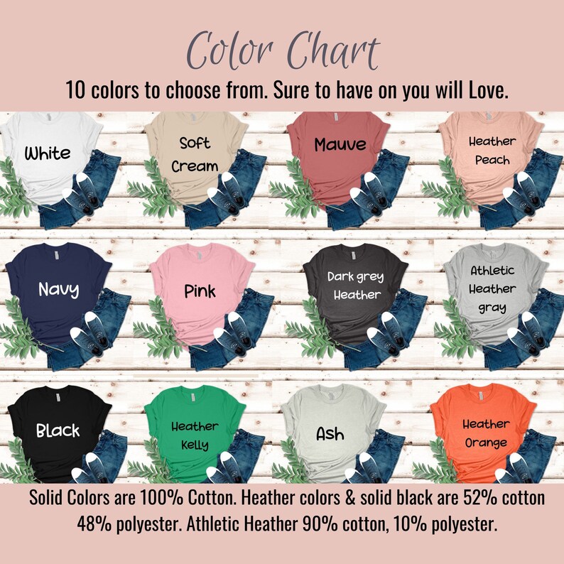 Pu&ograve; includere: Tabella colori che mostra 10 colori di magliette. I colori sono: Bianco, Crema morbida, Malva, Pesca melange, Blu navy, Rosa, Grigio scuro melange, Grigio melange sportivo, Nero, Kelly melange, Cenere, e Arancione melange. I colori solidi sono 100% cotone. I colori melange e il nero solido sono 52% cotone, 48% poliestere. Il melange sportivo &egrave; 90% cotone, 10% poliestere.
