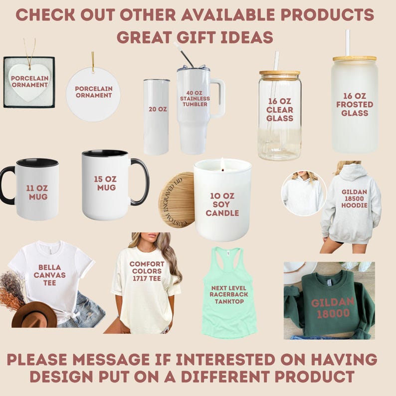 May include: A collection of gift items including mugs, tumblers, candles, shirts, and a hoodie. The image displays various products with text such as "Porcelain Ornament", "11 OZ MUG", "10 OZ SOY CANDLE", and "GILDAN 18500 HOODIE".