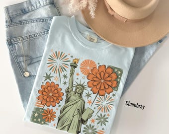 Comfort Color® retro floral Statue of liberty Shirt, boho floral july 4th tee, Retro July 4th shirt, America tee,Independence day,floral tee