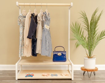 Kids Clothing Rack | Montessori clothing wardrobe with shelves, costume play in playroom, kids furniture in girls room or toddler nursery