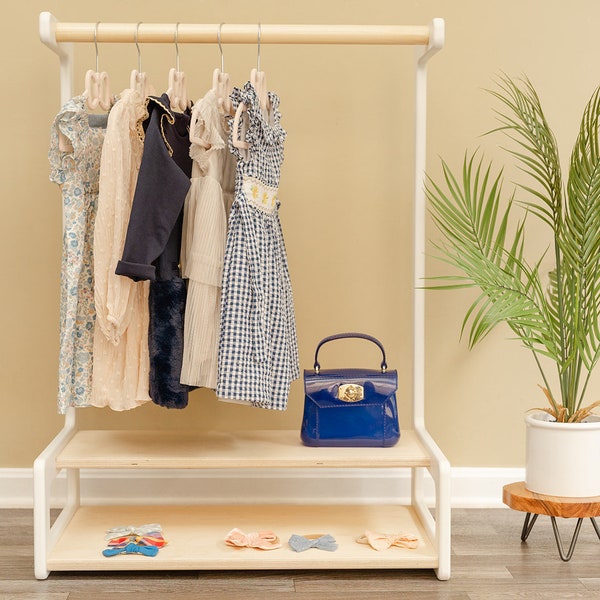 Kids Clothing Rack | Montessori clothing wardrobe with shelves, costume play in playroom, kids furniture in girls room or toddler nursery