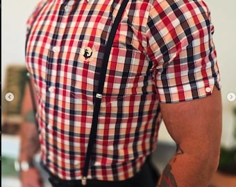 Chemise boutonnée à carreaux vichy mod, manches courtes, chemise habillée coupe ajustée, chemise ska en daim, rouge tartan écossais jaune