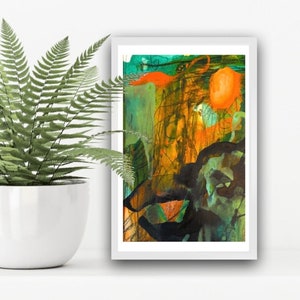 Puede incluir: Pintura abstracta con una mezcla de pintura verde, naranja y negra. La pintura tiene un aspecto texturizado y parece estar hecha con acuarelas.