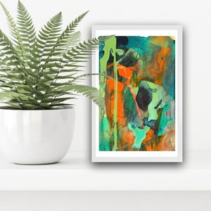 May include: Abstract painting with a white frame. The painting features a mix of green, blue, orange, and black paint splatters and drips.