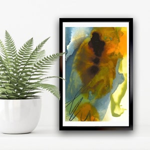 May include: Abstract painting in a black frame with shades of blue, green, yellow, and orange. The painting has a watercolor effect.