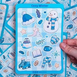 Foglio di adesivi invernali / Adesivi invernali con neve / Pupazzo di neve, neve, sciarpa / Illustrazione