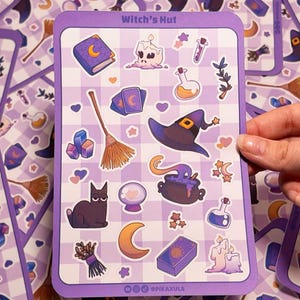 Feuille d'autocollants pour hutte de sorcière / Autocollants de sorcière / Adorables autocollants de magie, de chats et de potions / Illustration