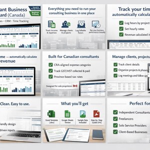 May include: A business dashboard for Canadian consultants, displaying income, expenses, CRM, and time tracking data on multiple screens. Features include time tracking, revenue calculation, and client management. The dashboard is designed for independent consultants and freelancers.