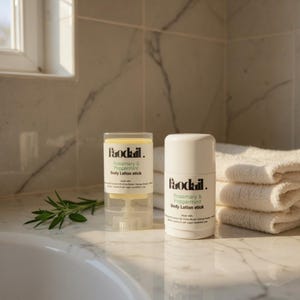 May include: Two body lotion sticks, one in a clear container and the other in a white container, are displayed on a marble surface. The clear container shows the lotion, and both have the text "Prodail. Rosemary & Peppermint Body Lotion stick". A sprig of rosemary is next to the lotion.