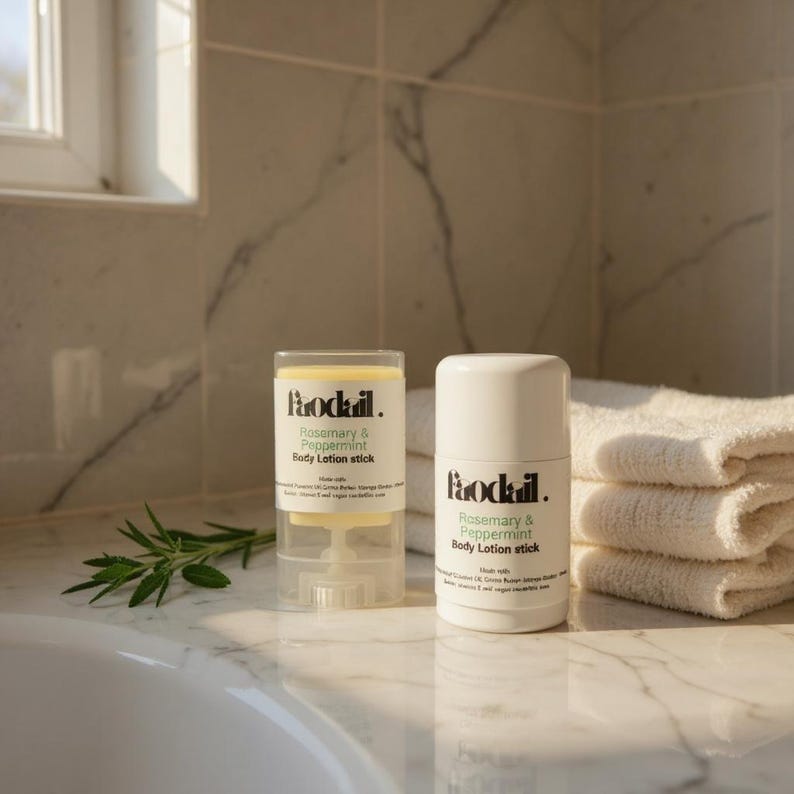 May include: Two body lotion sticks, one in a clear container and the other in a white container, are displayed on a marble surface. The clear container shows the lotion, and both have the text "Prodail. Rosemary & Peppermint Body Lotion stick". A sprig of rosemary is next to the lotion.