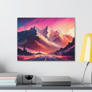 May include: A digital painting of a mountain range with a road leading through it. The sky is a vibrant pink and orange, and the mountains are a mix of brown, purple, and white.