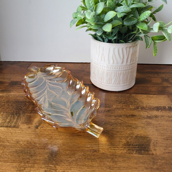 Vintage Carnival Glass Double Leaf Dish, Marigold Iridescent Coloring, 1970s Home Decor