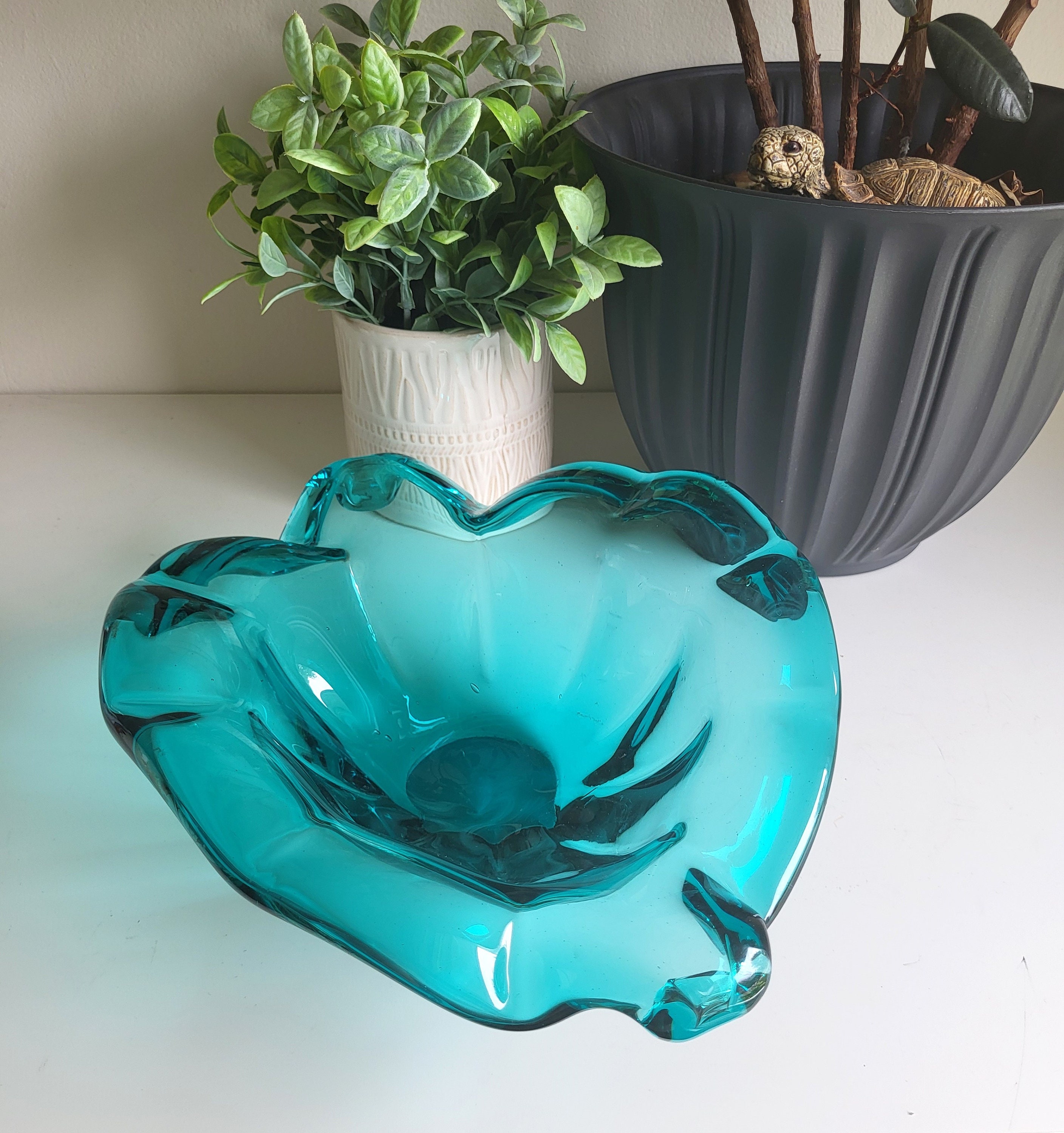 Vintage Murano Glass Bowl, Retro Art Decor Glass Bowl, Vintage Turquoise Art Bowl, Collectable