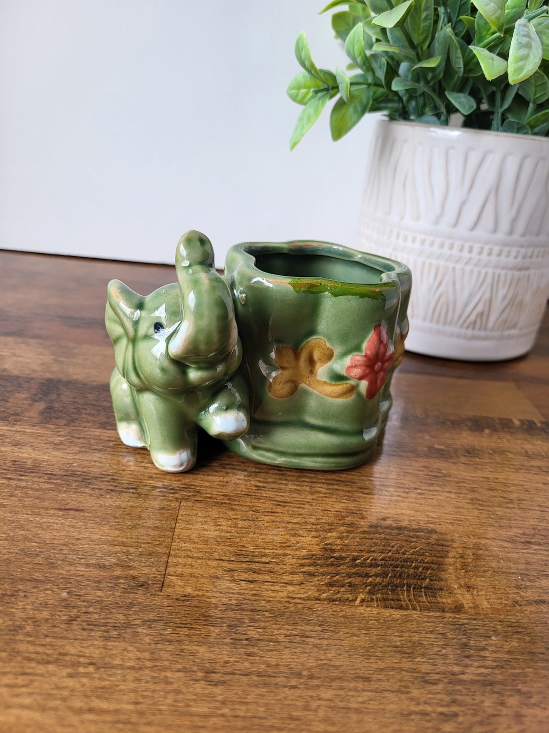 Lucky Trunk up Small Elephant Planter, Succulent Planter, Green