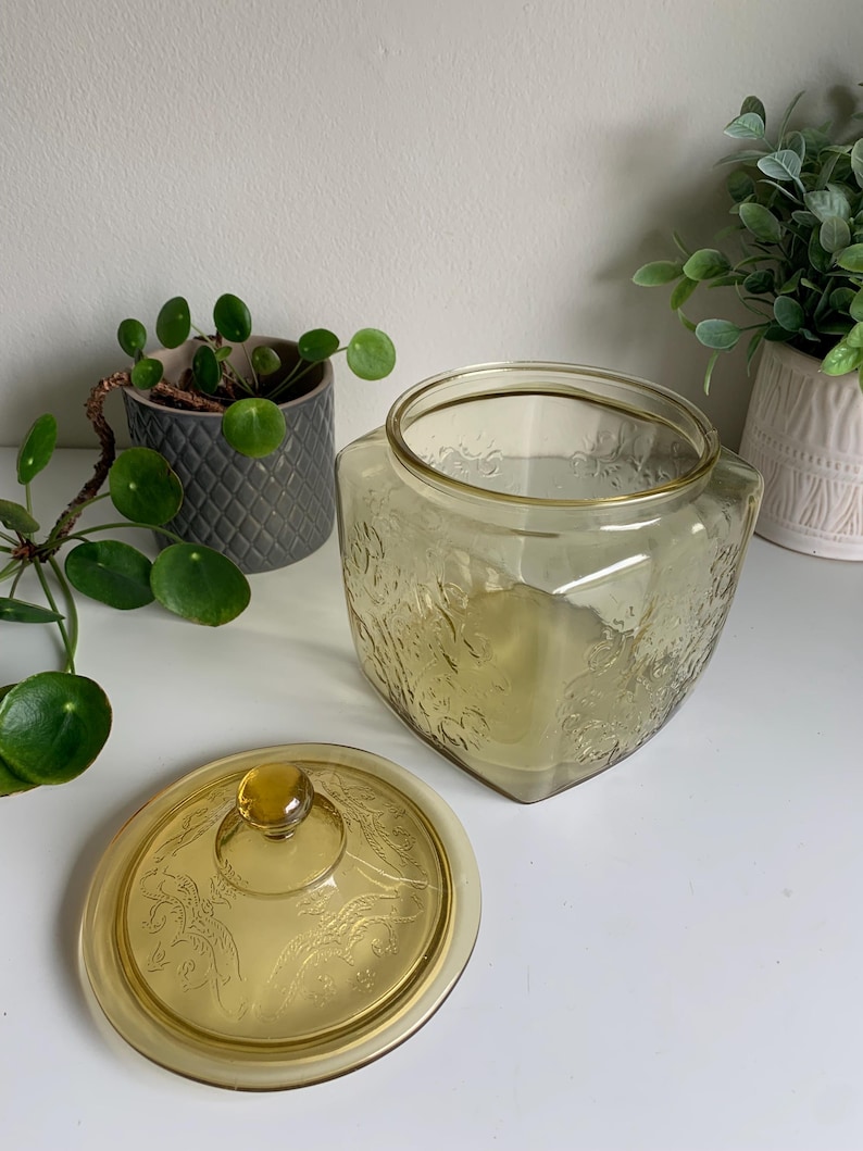 Pode incluir: Um pote de vidro de cor oliva com formato quadrado e tampa remov&iacute;vel a condizer. O vidro apresenta um padr&atilde;o floral em relevo nas superf&iacute;cies exteriores do pote e no topo da tampa, que inclui um pequeno puxador de vidro arredondado.