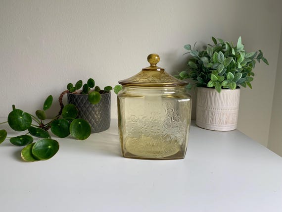 Vintage Federal Amber Glass Cookie Jar with Lid, Madrid Pattern, Depression Glass Canister, 1930s Glass Canister