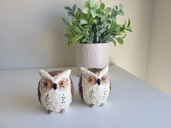 Vintage Ceramic Owl Salt and Pepper Shakers, Owl Collector Gift, Hand Painted, Vintage Housewarming Gift. Made in Japan, 1970s