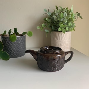 May include: A dark brown ceramic teapot with a textured pattern and a small handle. The teapot is placed on a white surface, with two potted plants in the background. One plant is in a grey pot, and the other is in a cream-coloured pot.