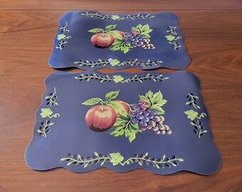 Retro Vinyl Placemats - White with Orange, Pink and Yellow Poppies (set of 7) - Blue Fruit and Greenery with cut outs (Set of 2) - c. 1980s