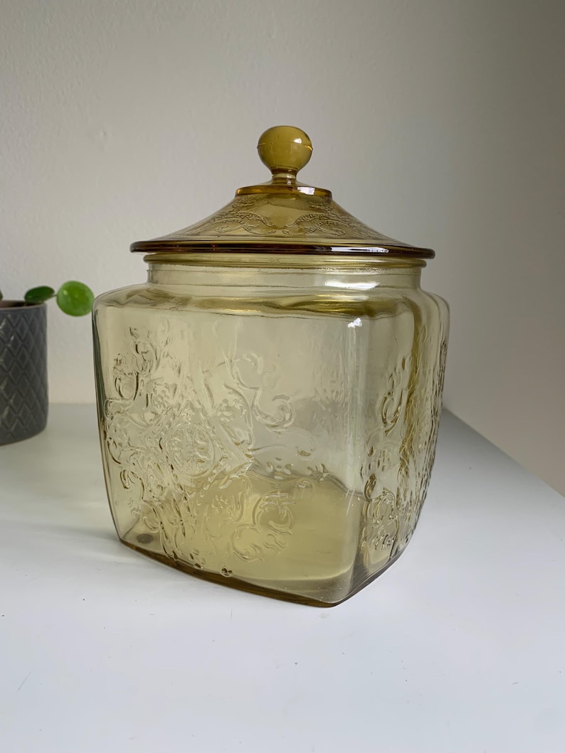 Vintage Federal Amber Glass Cookie Jar with Lid, Madrid Pattern, Depression Glass Canister, 1930s Glass Canister imagem 5