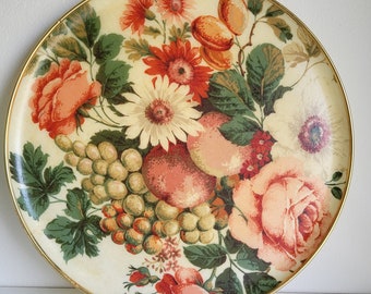 Vintage Fiberglass Tray, Floral and Fruit Tray, Roses Tray, Vintage Serving Tray, Keswick Tray. Made in England 1960s