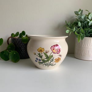 Peut inclure: Un cache-pot en céramique de couleur crème avec un corps arrondi et un bord large. L'avant du cache-pot présente une illustration botanique colorée de diverses fleurs sauvages, dont un coquelicot rose, des fleurs jaunes et des fleurs bleues.