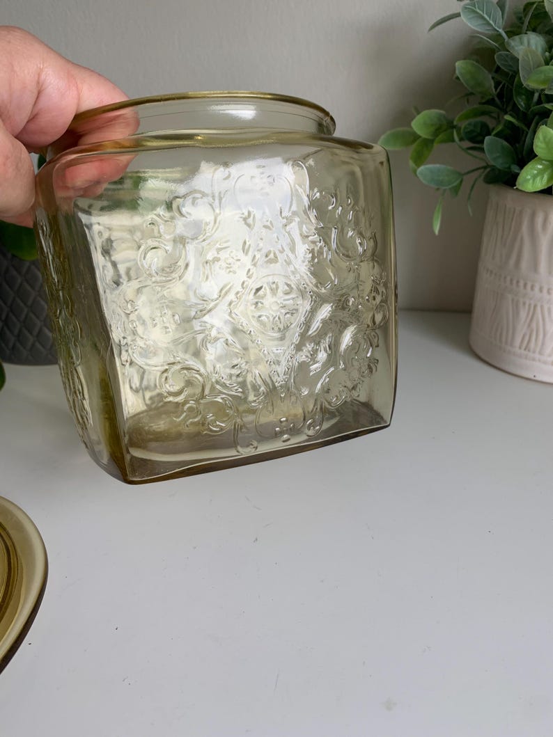 Vintage Federal Amber Glass Cookie Jar with Lid, Madrid Pattern, Depression Glass Canister, 1930s Glass Canister imagem 11