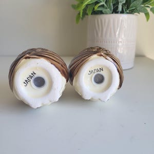 May include: A pair of brown and white ceramic owl salt and pepper shakers. The bottom of each shaker has the word "JAPAN" printed on it.