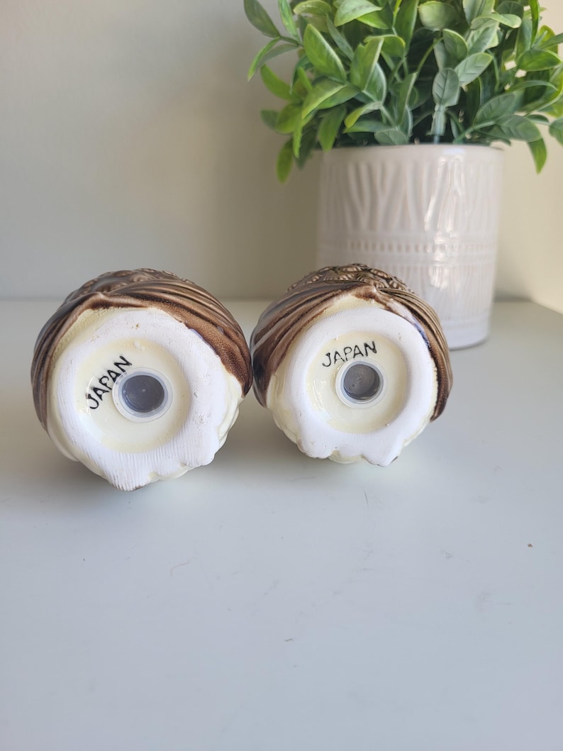 May include: A pair of brown and white ceramic owl salt and pepper shakers. The bottom of each shaker has the word "JAPAN" printed on it.