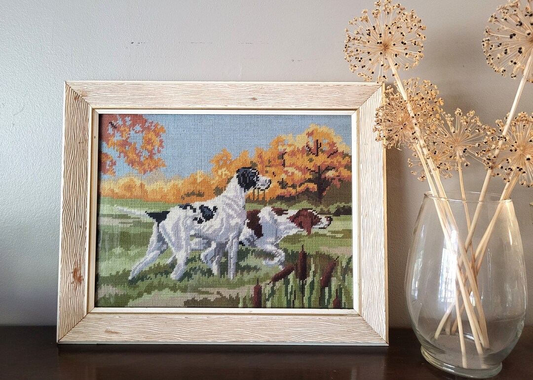 Vintage Hunting Dogs Cross Stitch Wall Decor Framed Etsy