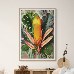 Può includere: Un'illustrazione botanica incorniciata di un fiore stilizzato con un centro arancione brillante e foglie verdi.