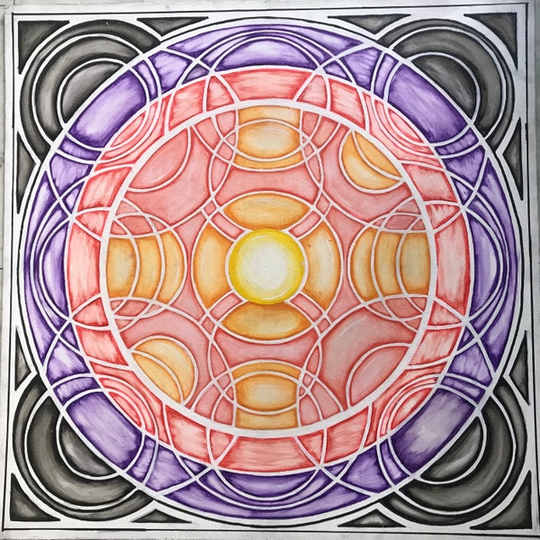 Abstract circle orange yellow purple mandala style hand painted