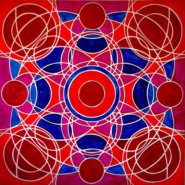 Abstract circle lines multicoloured acrylic mandala style fucsia red blue