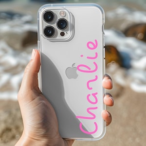 Coque de téléphone transparente avec nom personnalisé, police de caractères inspirée des îles