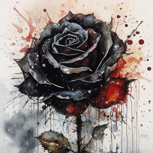 Gothic Black Rose - Watercolor Painting Digital Print