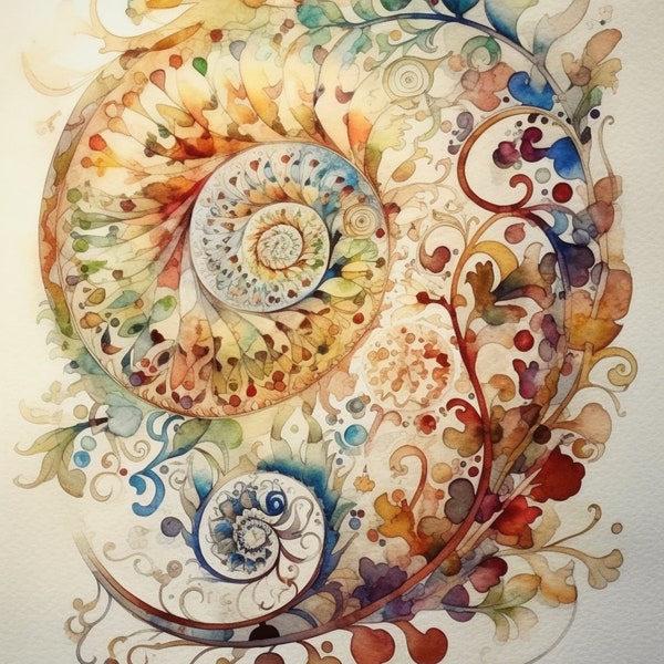 The beauty of nature and sacred geometry with this stunning watercolor. Vibrant floral design arranged in a mesmerizing Fibonacci sequence