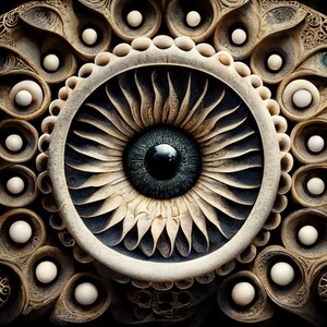 May include: A circular, decorative wall hanging with a central eye design. The eye is surrounded by a ring of smaller eyes and a pattern of raised, swirling shapes. The piece is made of a light brown material and has a textured surface.